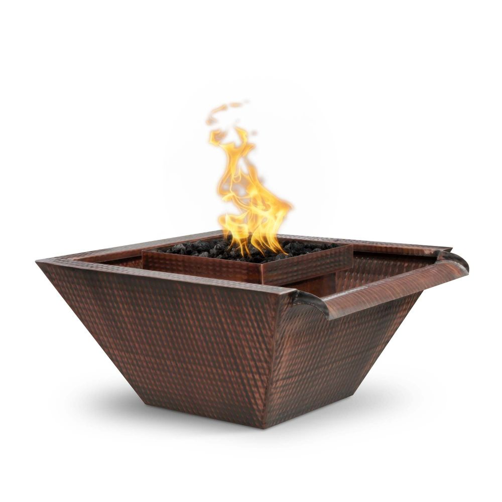 The Outdoors Plus OPT-SQ30FWWSE12V-LP 30" Maya Hammered Copper Fire & Water Bowl - Wide Gravity Spill - 12V Electronic Ignition - Liquid Propane